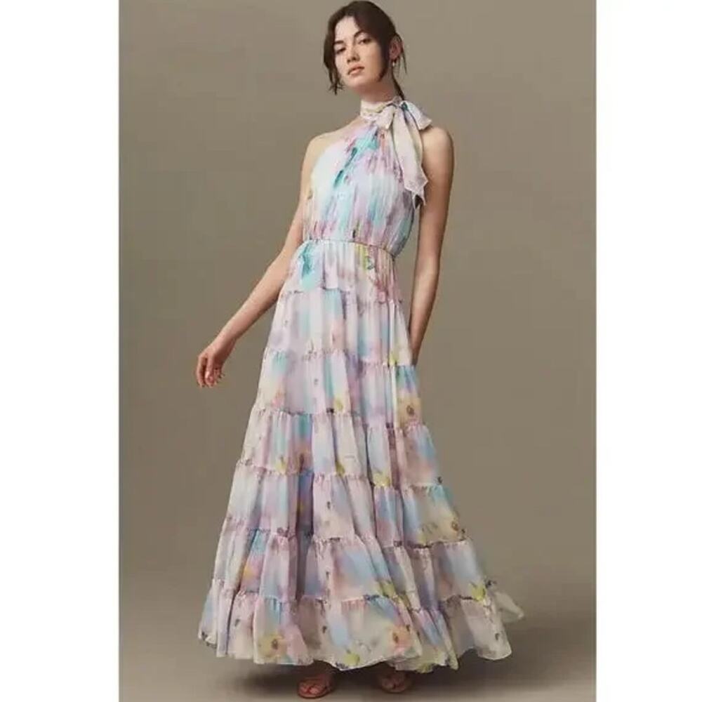 NWT Mac Duggal Floral Print Asymmetrical Halter Neck Tiered Gown